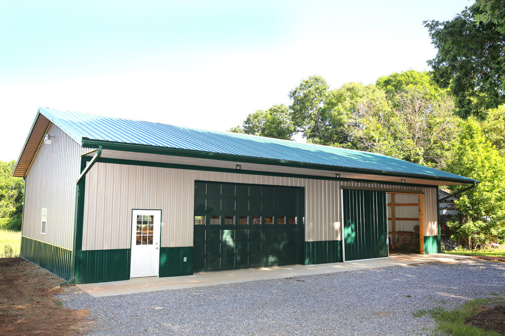 Pole Barn Garage with Green Detailing