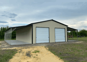 Two-bay garage with covered side area.