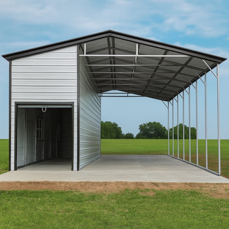 One-car metal carport with narrow white enclosure.
